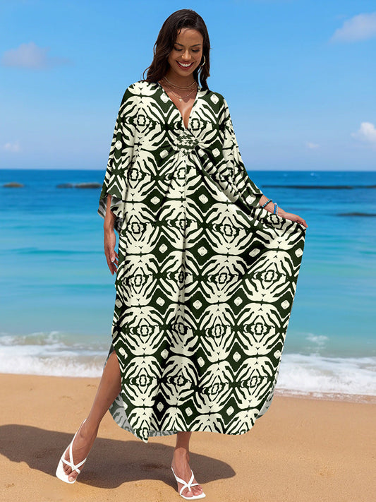 Rayon Print Holiday Beach Dress Women Sun Protective Clothing Loose Robe Beach Cover Up