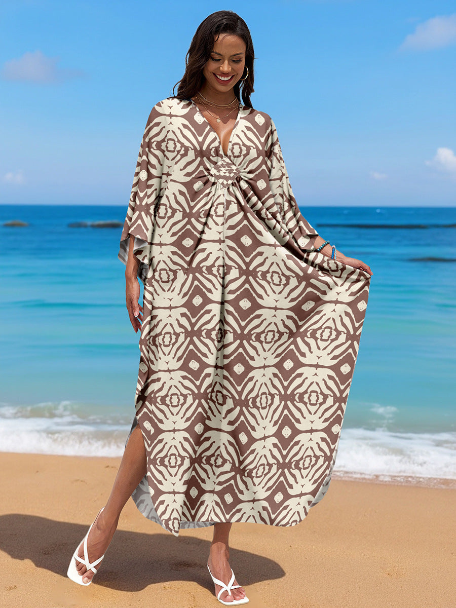 Rayon Print Holiday Beach Dress Women Sun Protective Clothing Loose Robe Beach Cover Up