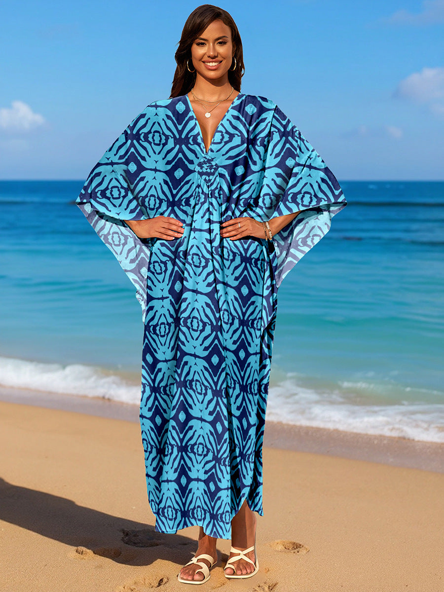 Rayon Print Holiday Beach Dress Women Sun Protective Clothing Loose Robe Beach Cover Up