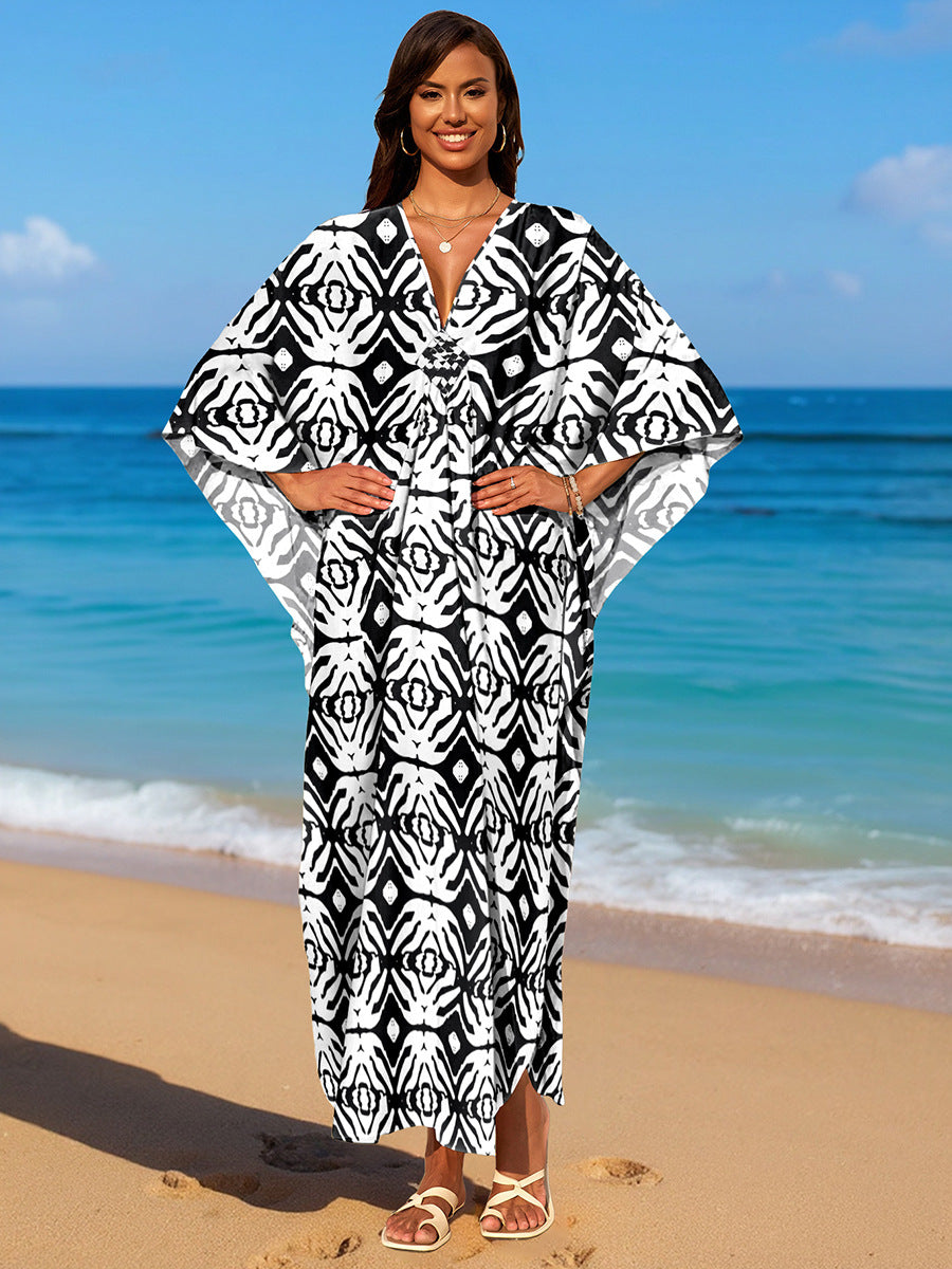 Rayon Print Holiday Beach Dress Women Sun Protective Clothing Loose Robe Beach Cover Up