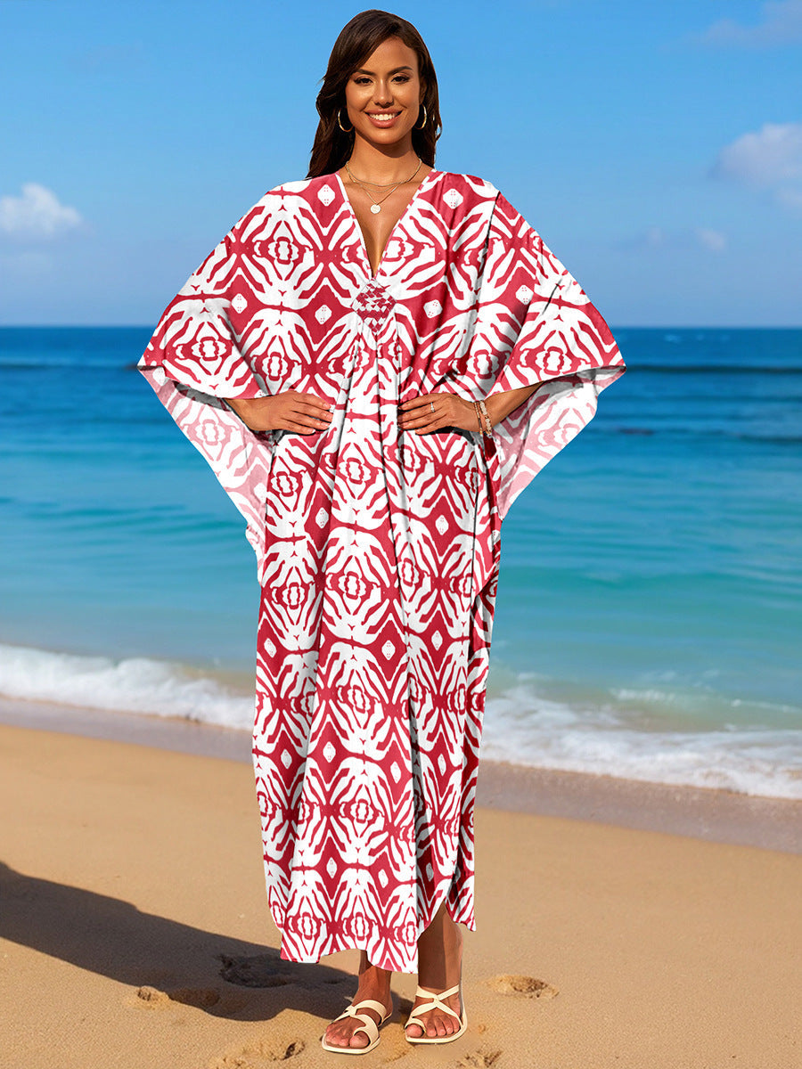 Rayon Print Holiday Beach Dress Women Sun Protective Clothing Loose Robe Beach Cover Up