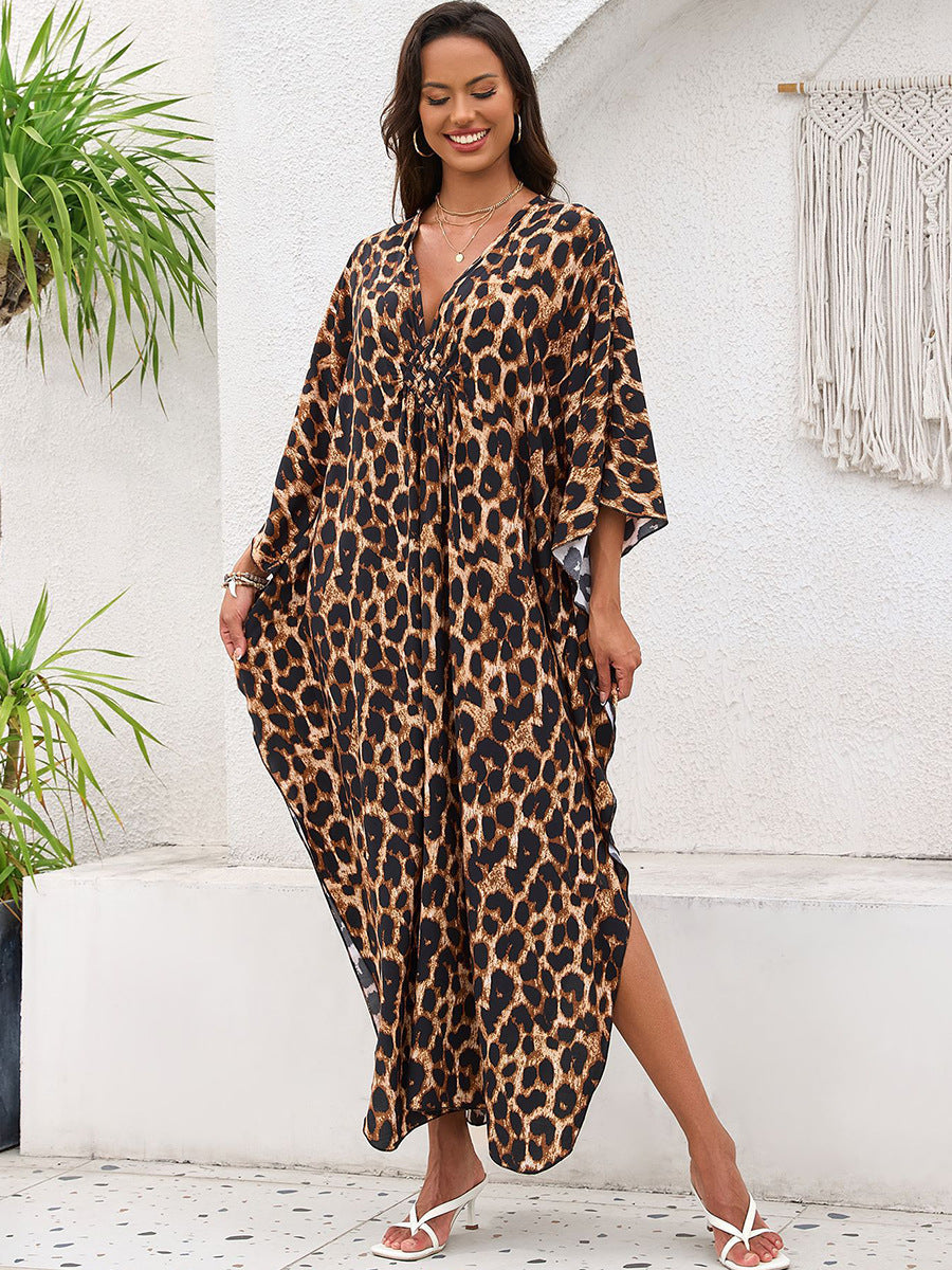 Rayon Print Holiday Beach Dress Women Sun Protective Clothing Loose Robe Beach Cover Up