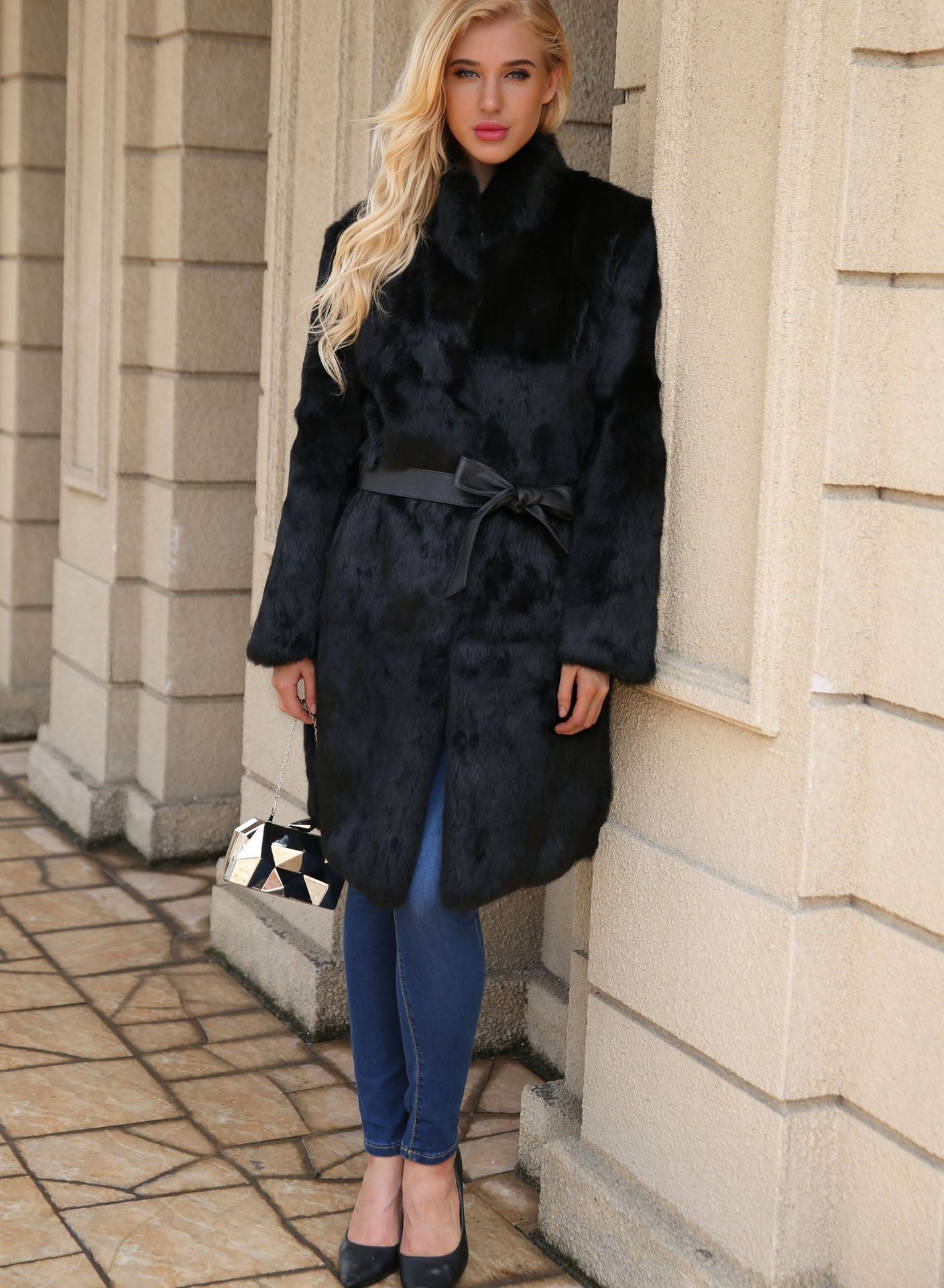 Long Rabbit Fur Fur Overcoat Coat Belt Faux Fur Plush Coat Light Luxury All Matching