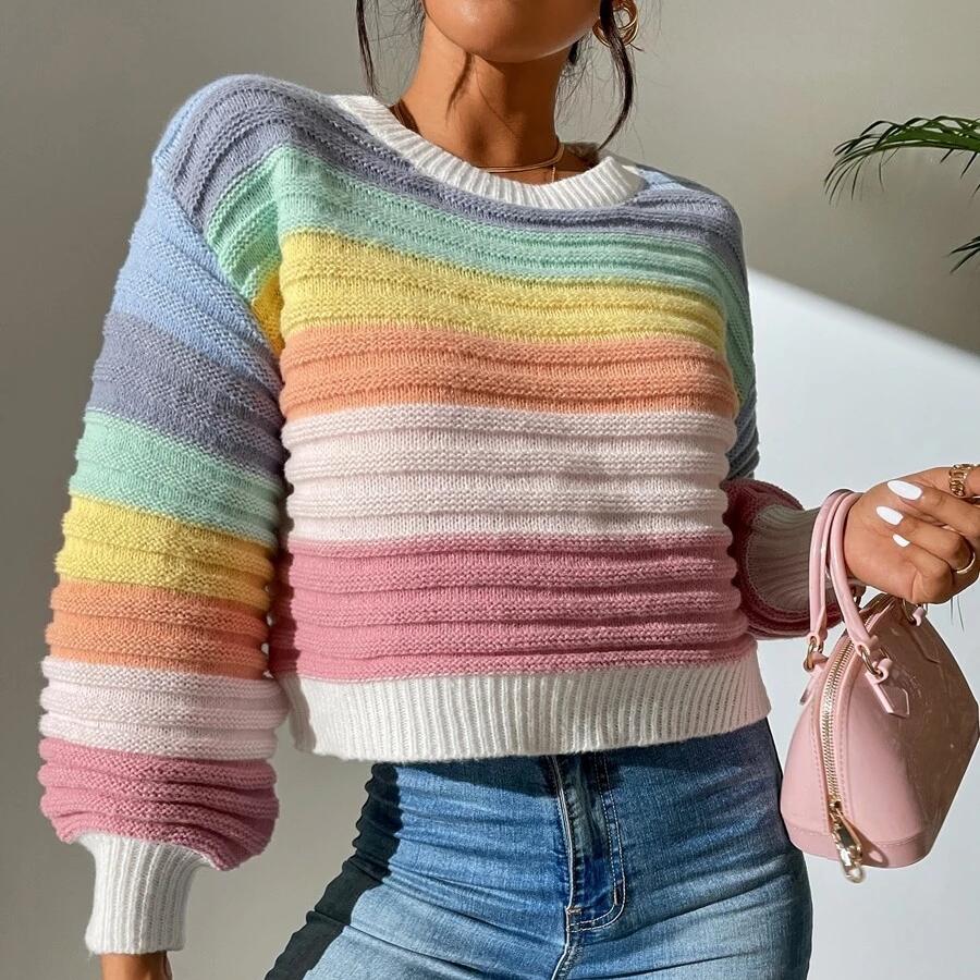 Autumn Winter Elegant Elegant Spliced Sweater Rainbow Striped Lantern Sleeve Knitted Pullover