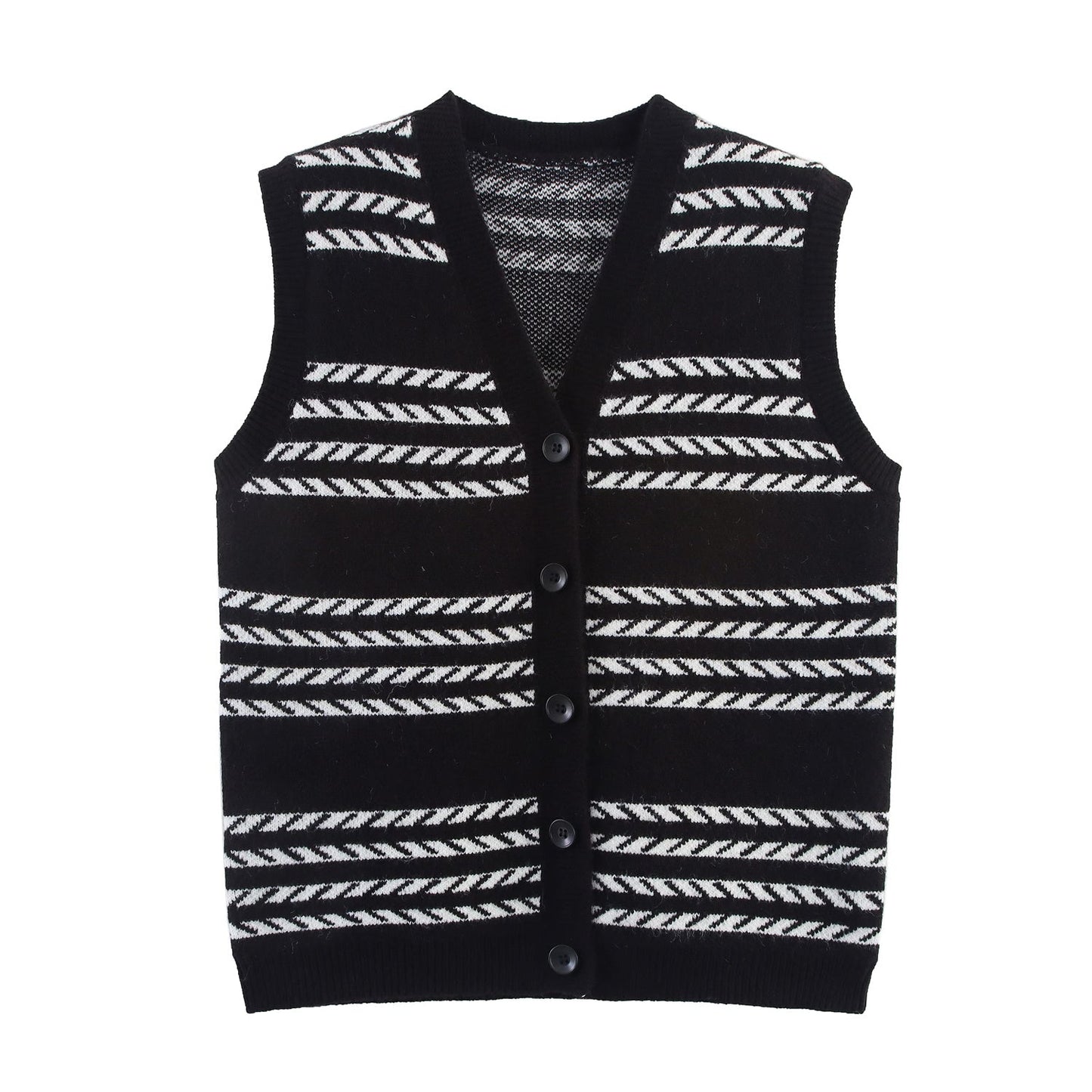 Women Clothing Autumn Black White Striped V neck Knitted Sleeveless Loose Fitting Waistcoat Vest