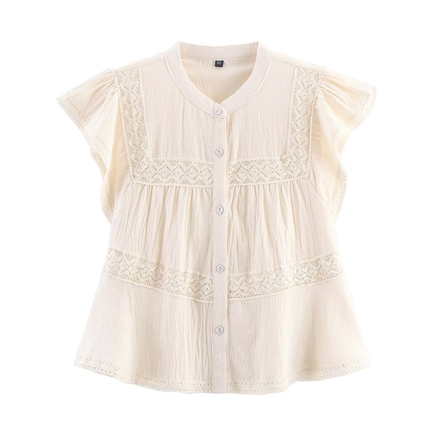 Women Clothing Autumn Holiday Gentle Straight Lace Crocheted round Neck Top