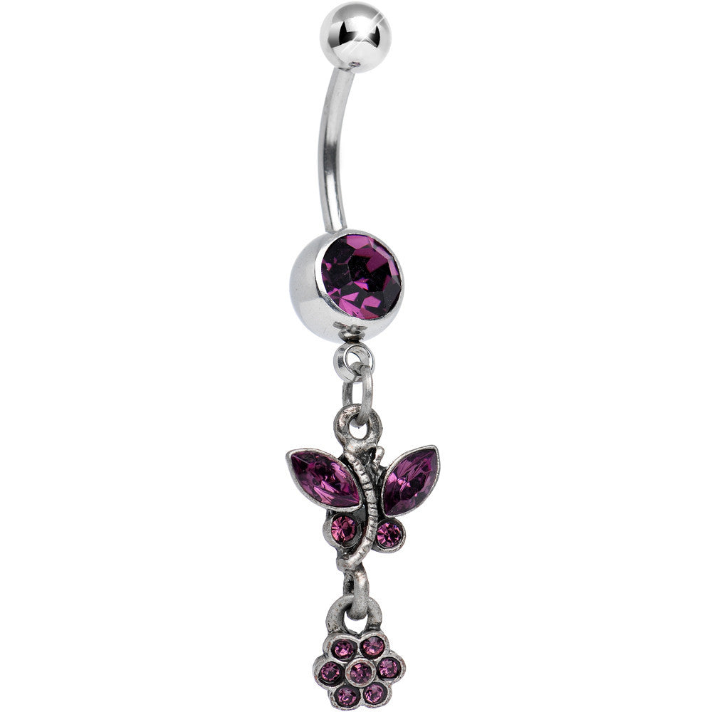 Antique Silver Floral Ivy Violet Gem Dangle Belly Ring