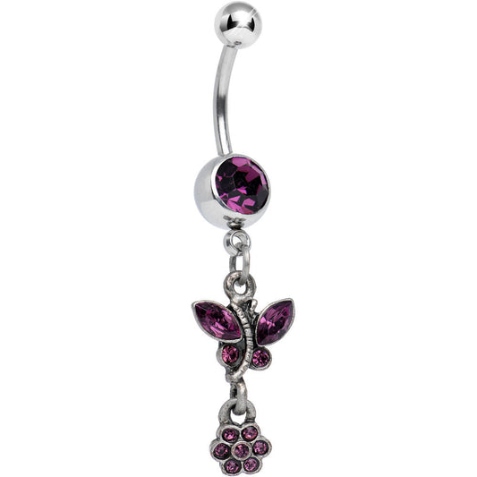 Antique Silver Floral Ivy Violet Gem Dangle Belly Ring