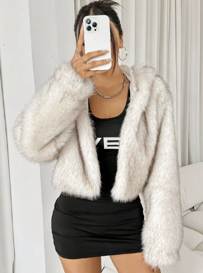 Faux Fur Coat Fall Winter Women Short Western Furry Coat Small Hooded White Bottom Coat