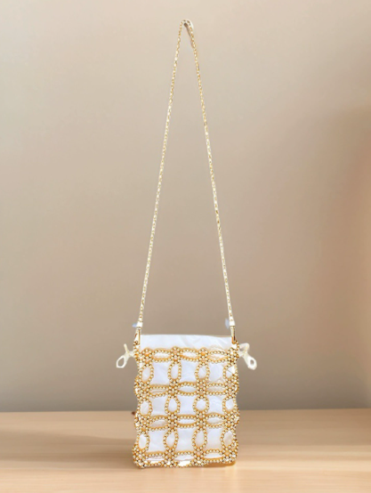Artistic Fairy Floral Cutout Woven Beads Imitation Pearl Advanced Texture Mobile Phone Lipstick Chain Cross Body Bag