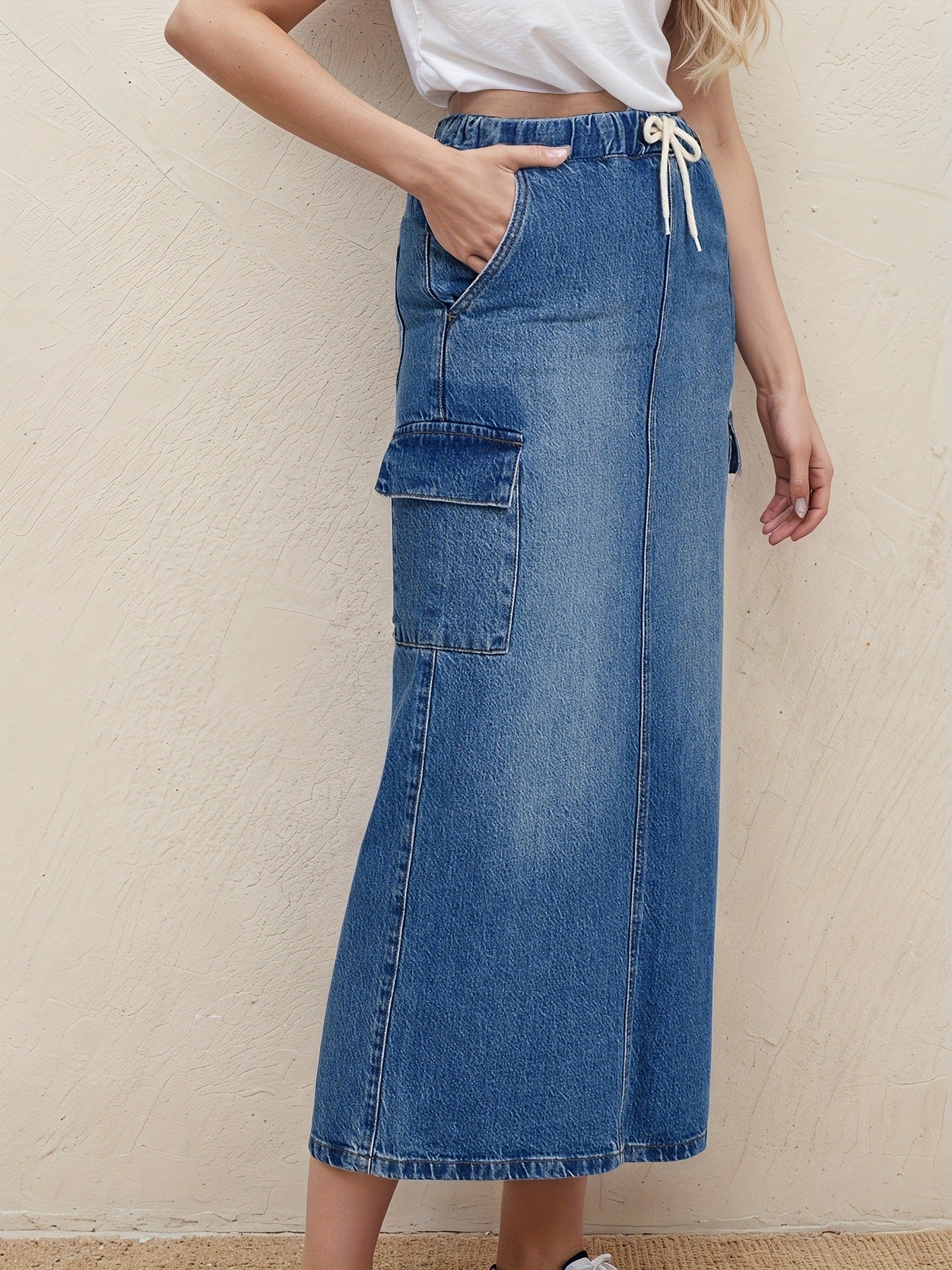 Women Denim Bag Design Elastic Waist Drawstring Tooling Elastic Denim Blue Straight
