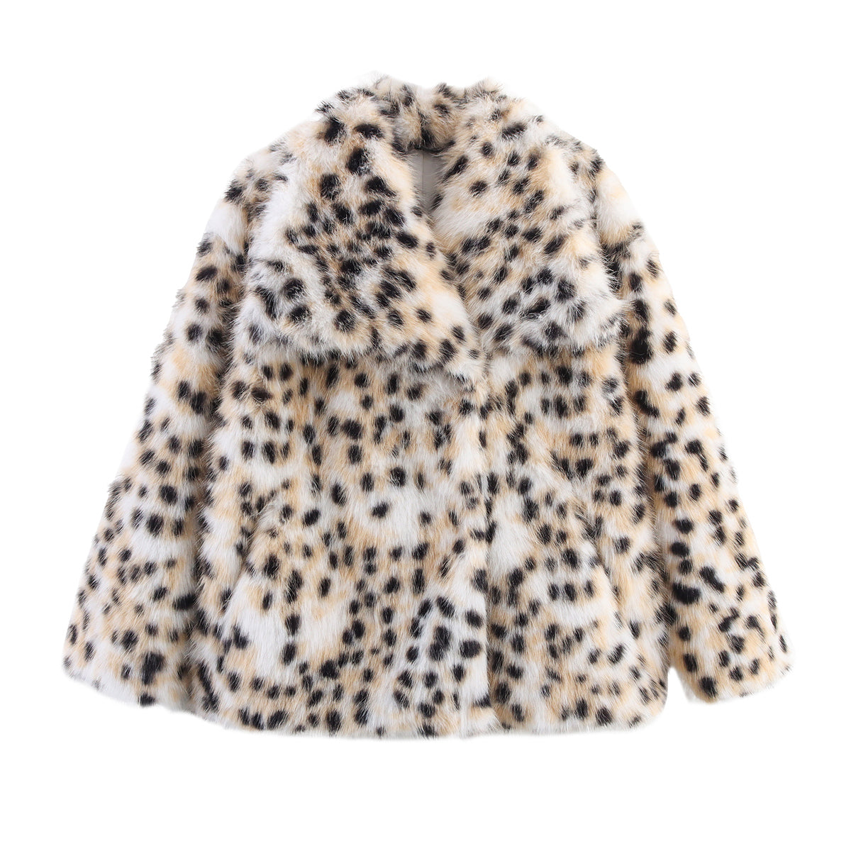 Leopard Print Large Collared Faux Fur Coat Artificial Furry Coat