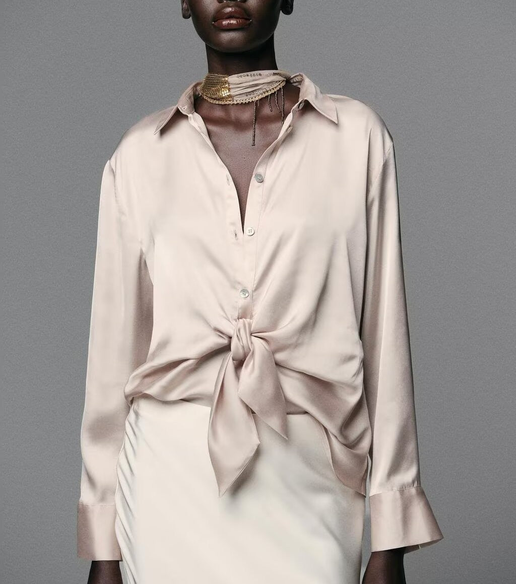 Women Clothing Early Autumn Bow Tie Texture Drape Shirt