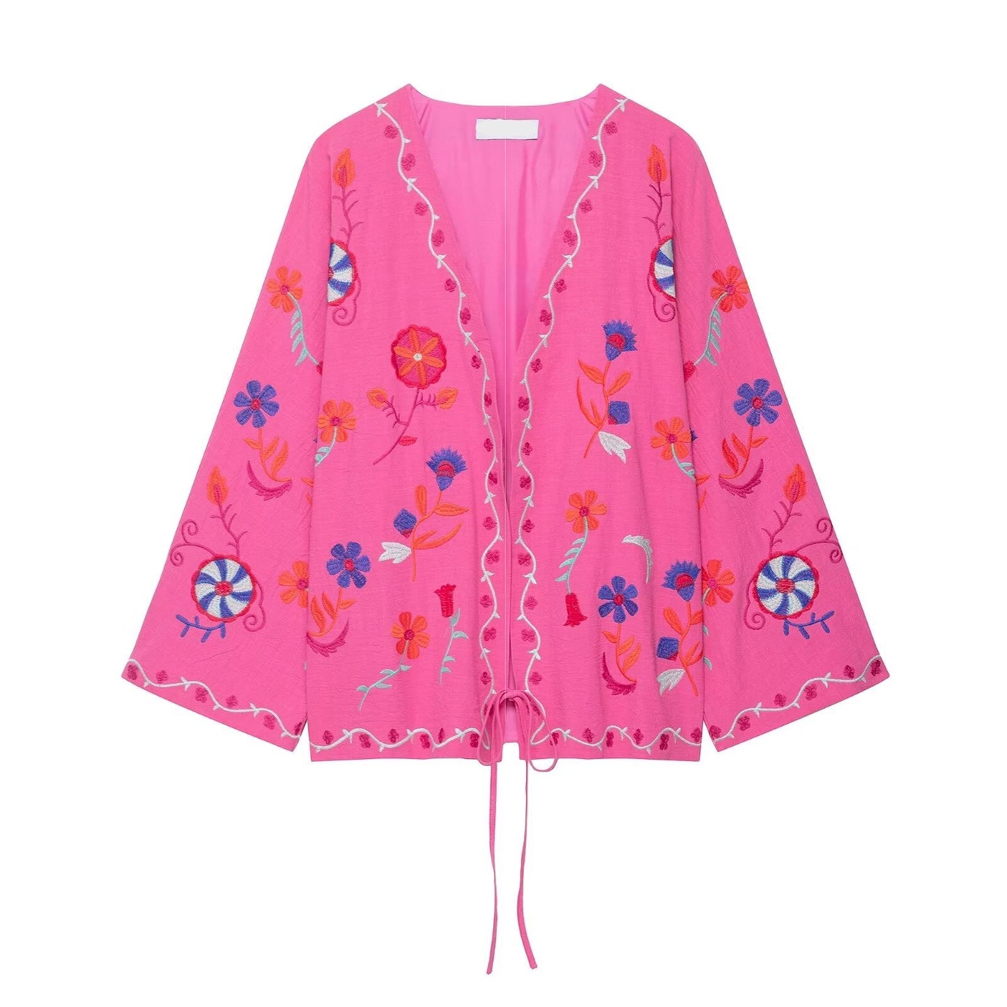 Women Clothing Autumn Loose Embroidered Cardigan Tie Front Top