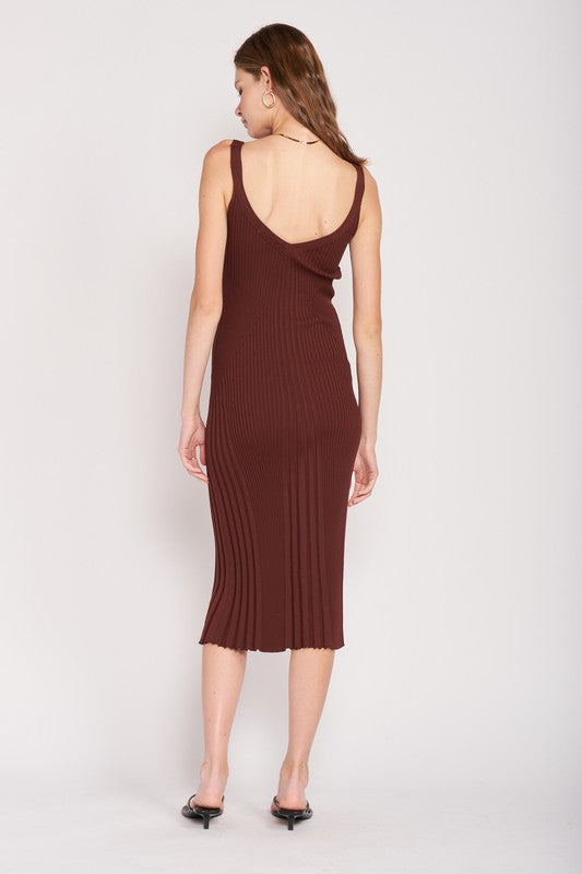 V NECK RIBBED MIDI DRESS WITH OPEN BACK