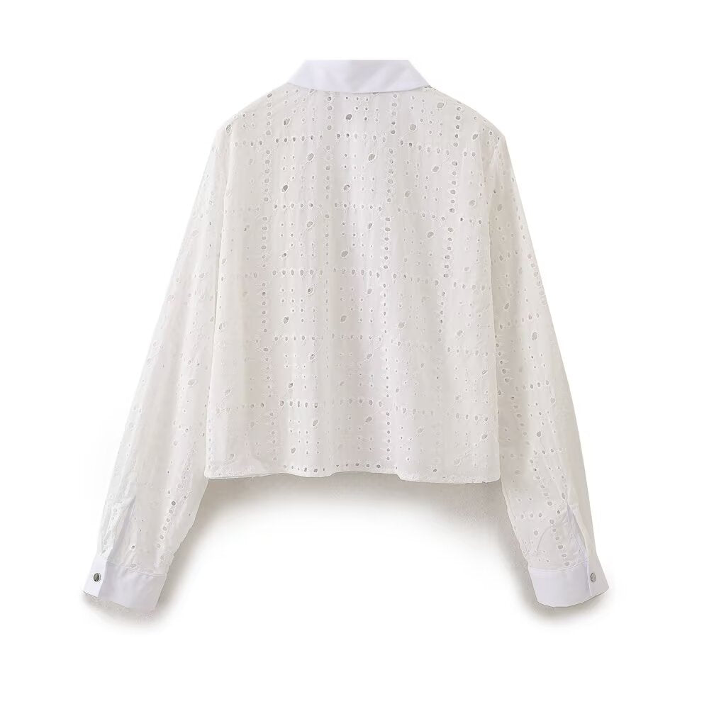 Fall Women Clothing Fashionable Simple Hollow Out Cutout Embroidered Shirt