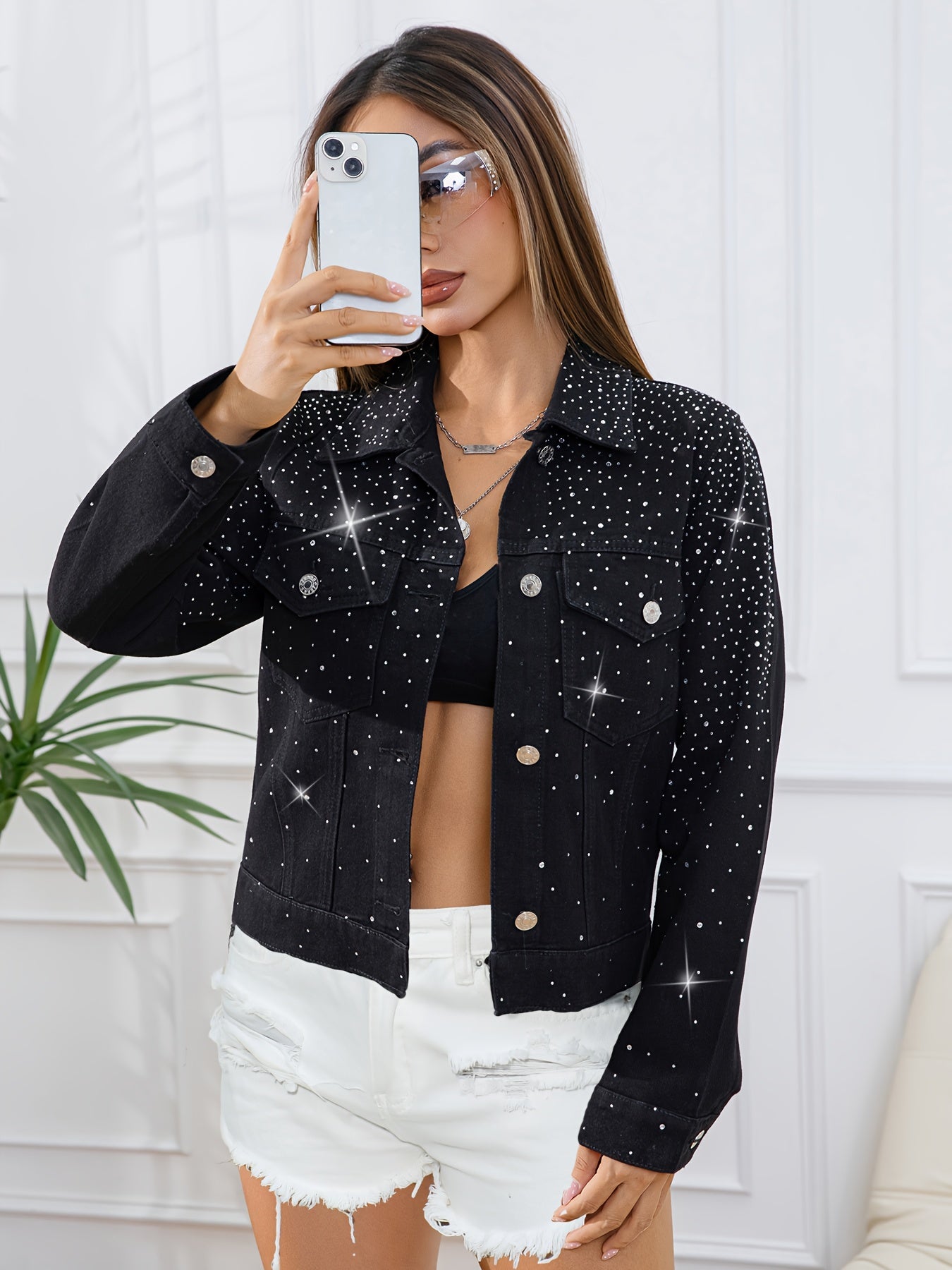 Women Non Elastic Multi Diamond Real Pocket Black Long Sleeve Denim Jacket Coat