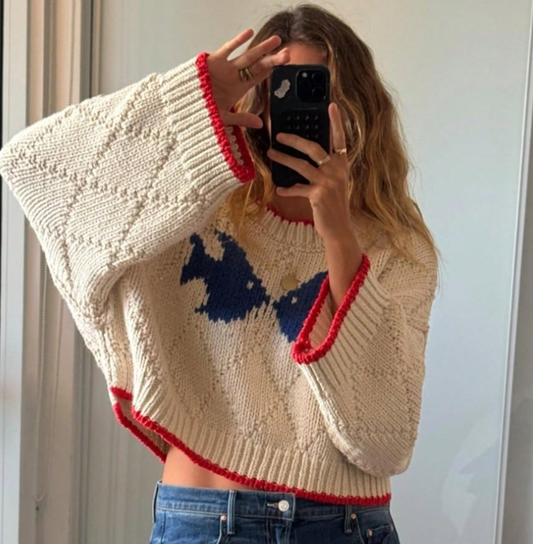 Autumn Winter Retro Contrast Color Jacquard Design Knitted Loose Casual Sweater