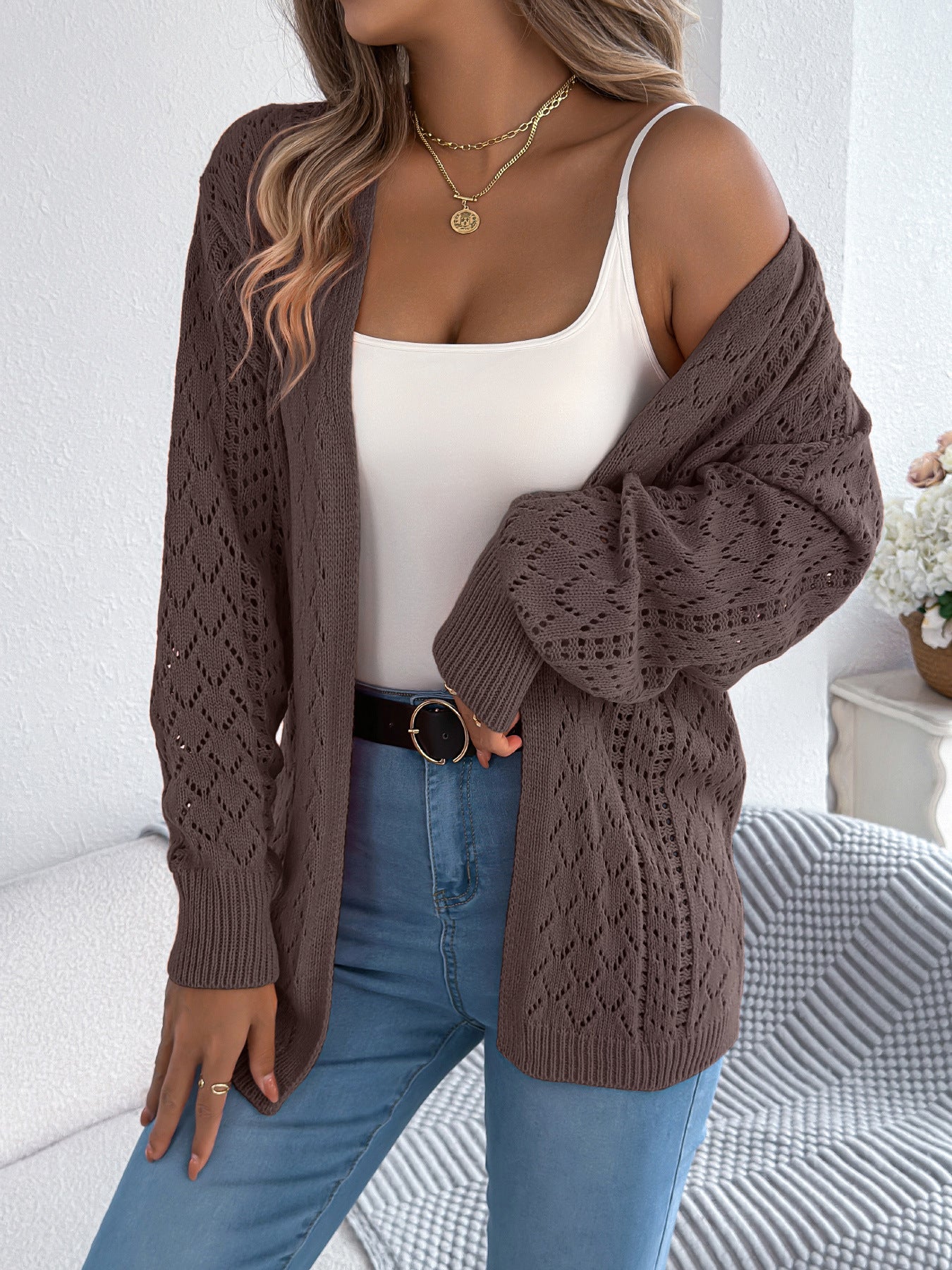 Autumn Winter Hollow Out Cutout out Lantern Long Sleeve Cardigan Sweater Mid Length Coat Women Clothing