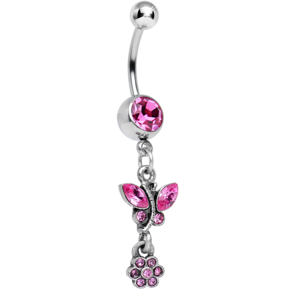 Antique Silver Floral Ivy Pink Gem Dangle Belly Ring