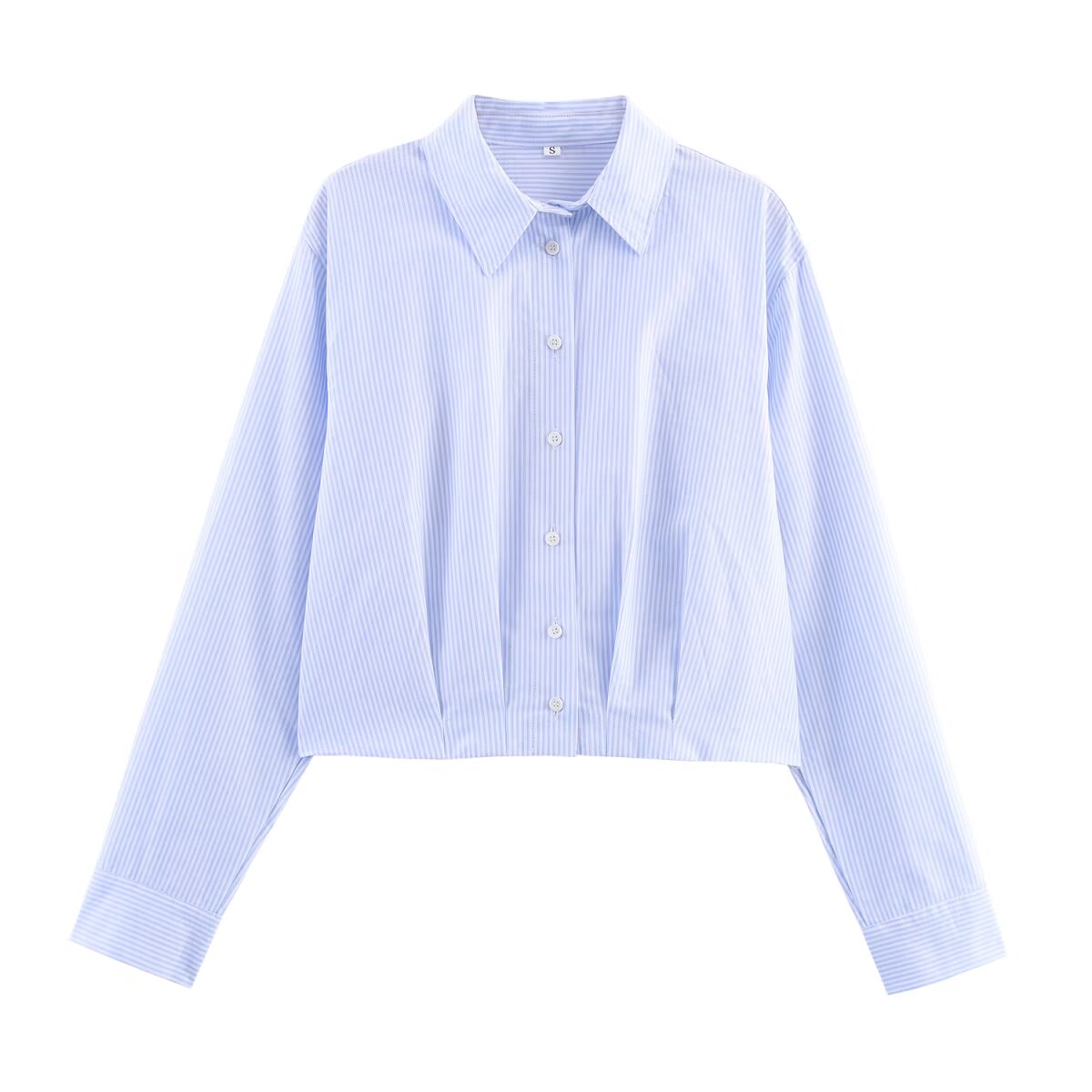 Fall Women Clothing Casual Slimming Fashionable All Match Waist Pleated Striped Short Shirt