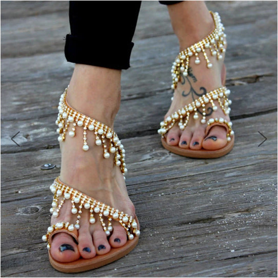 Women Sandals Flat Pearl Comfortable String Bead Slippers