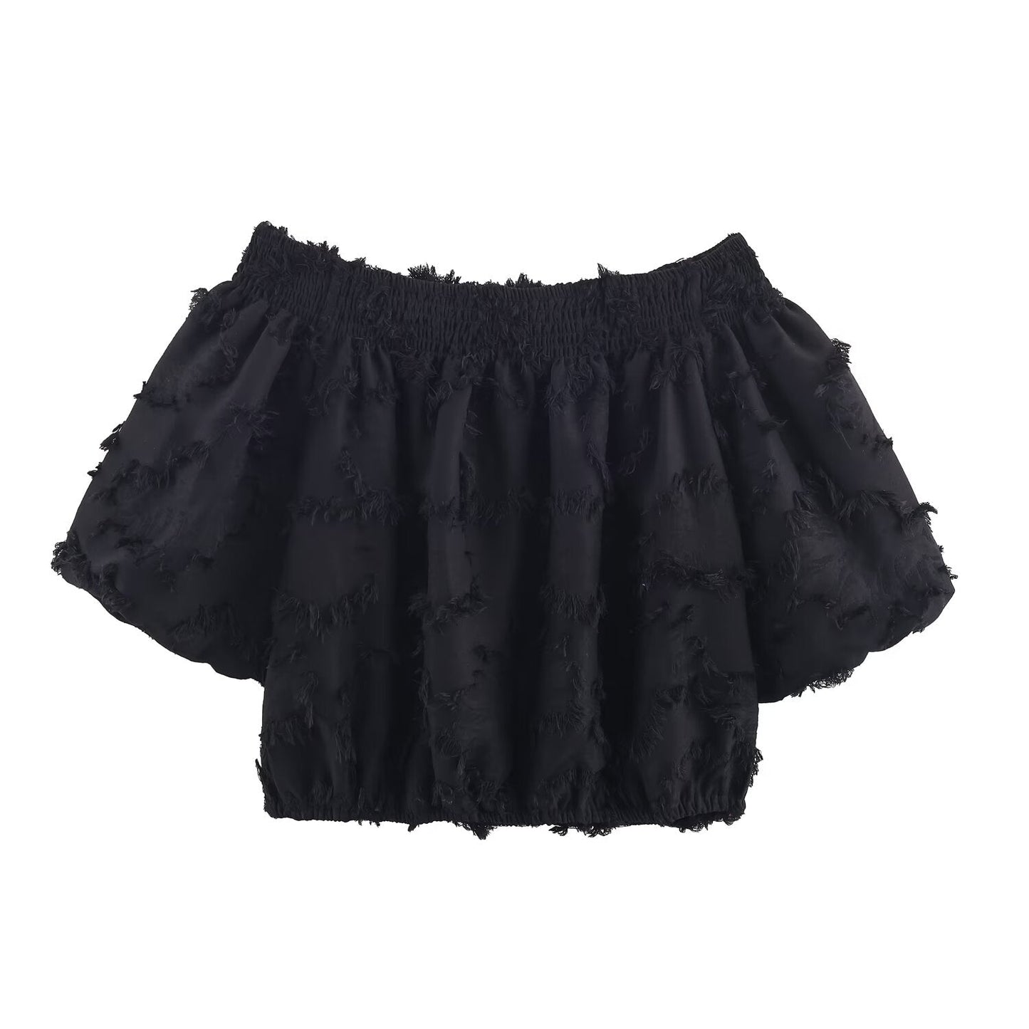 Women Clothing Fall Fashionable Frayed Hem Bubble off Shoulder Top