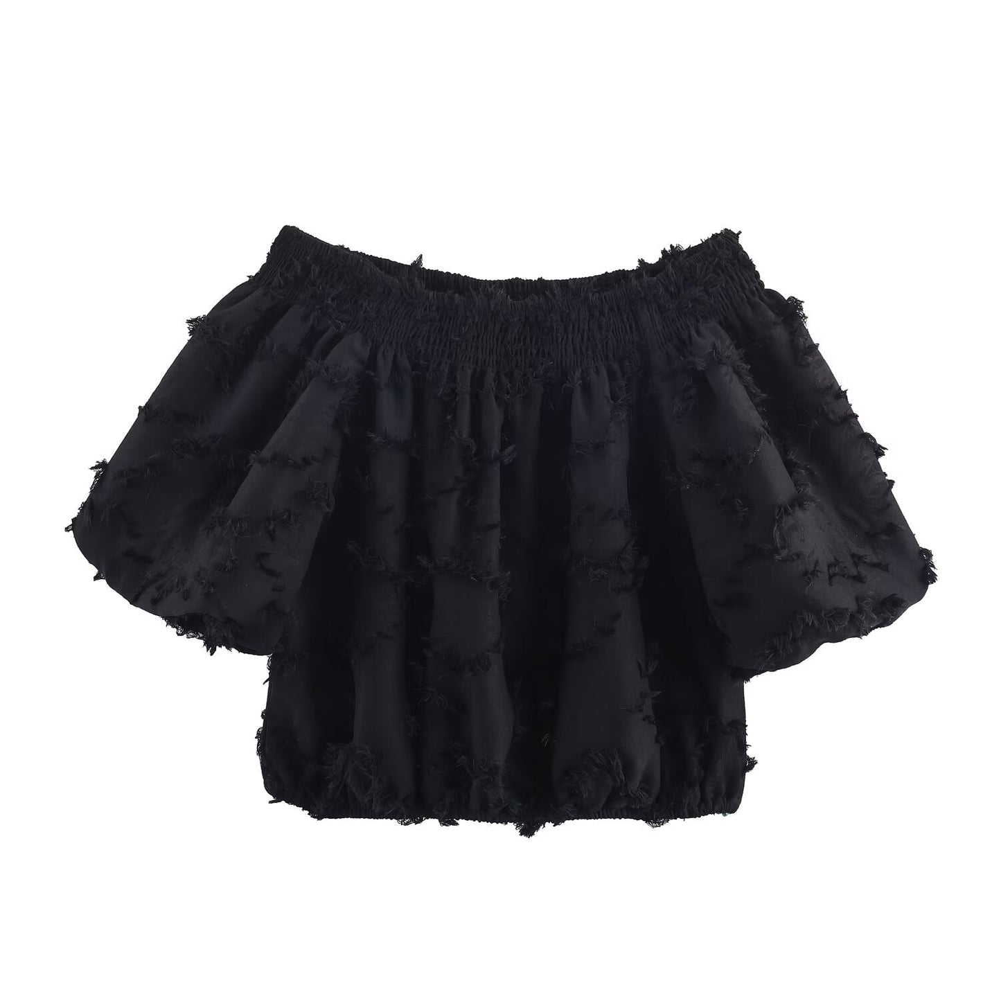 Women Clothing Fall Fashionable Frayed Hem Bubble off Shoulder Top