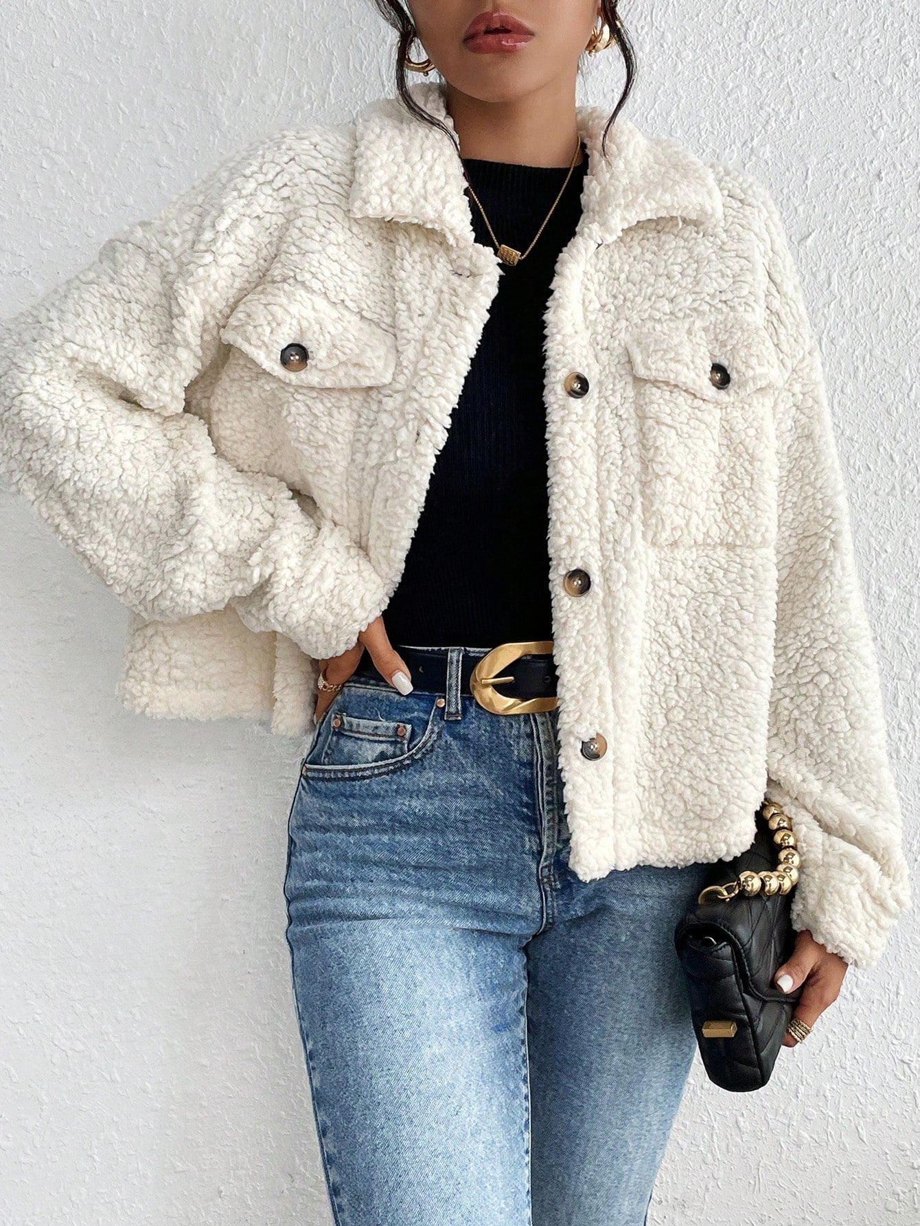 Women Clothing Fall Winter Collared Plush Jacket Short Women Casual Coat