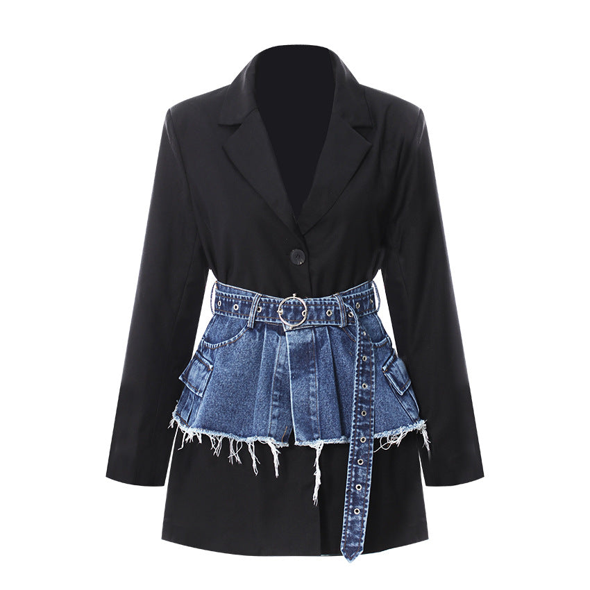 Spring Two Piece Set Denim Waist Seal Waist Slimming Multi Match Two Piece Set Women Blazer