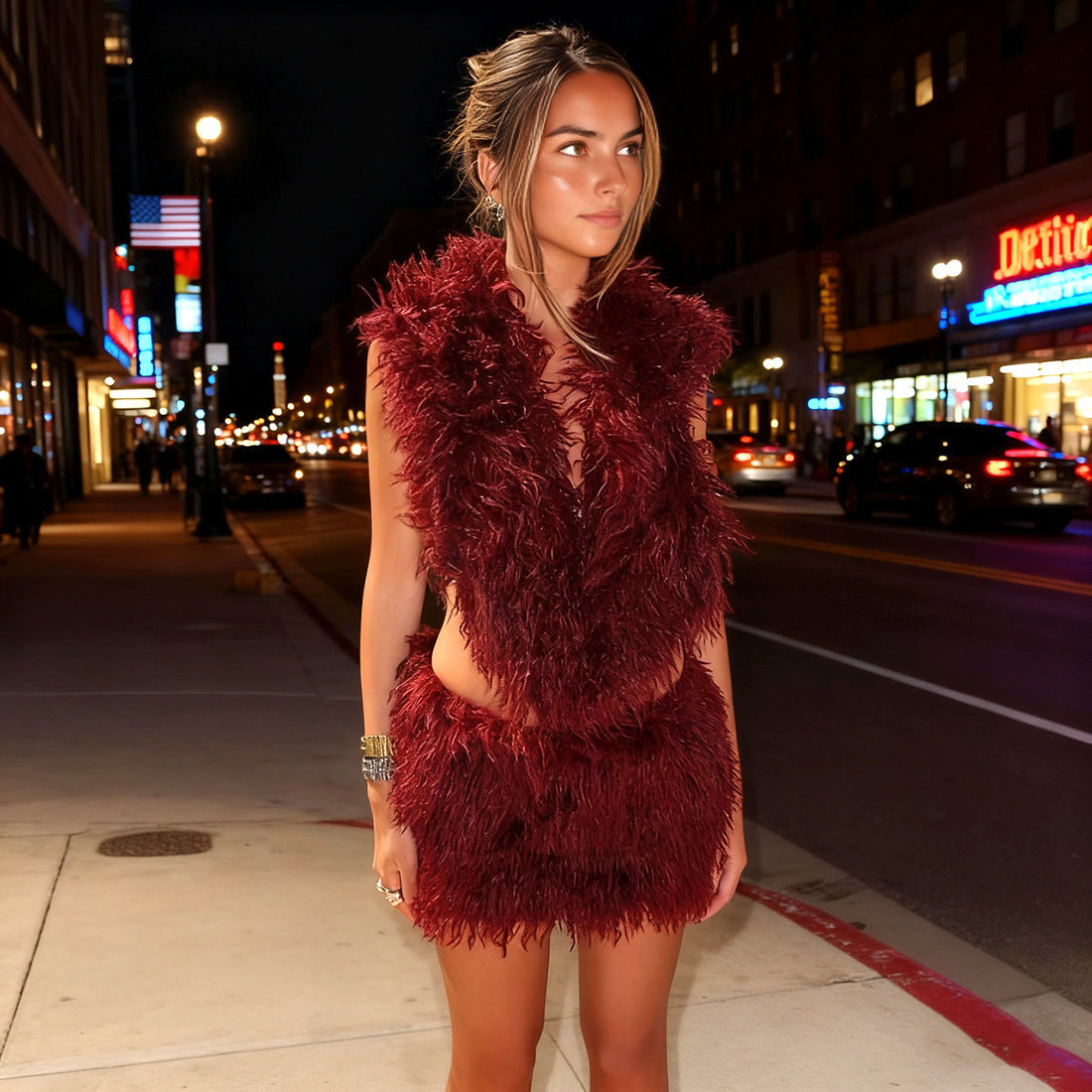 Autumn Backless Hooded Top Slimming Hip Skirt Solid Color Set for Women