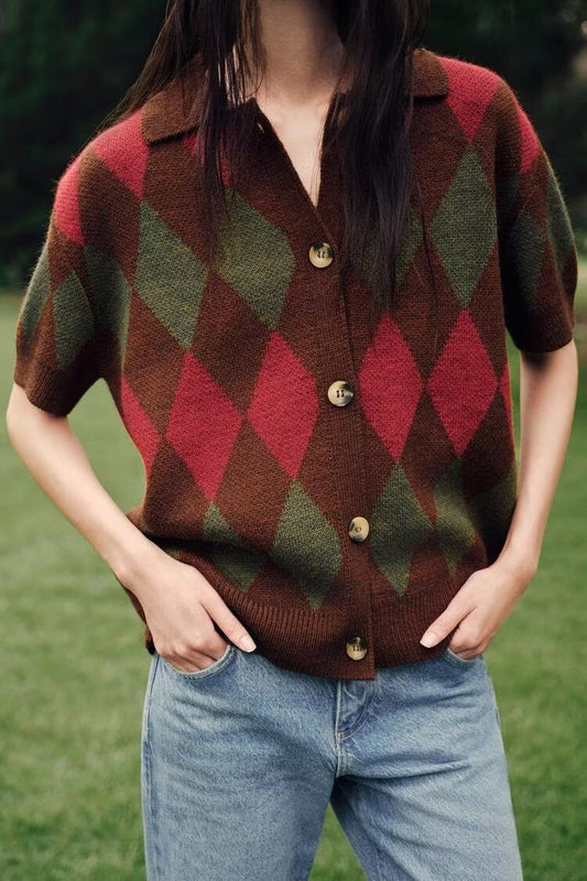 Autumn Diamond Pattern Knitted Polo Shirt