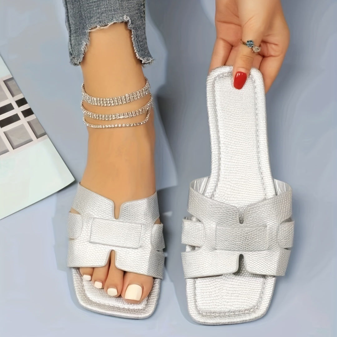 Square Toe Flat Sandals Summer Hollow Out Slides Slippers Women Footwear