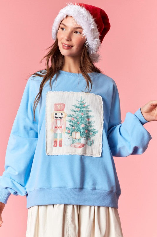 Winter Women Clothing Christmas Embroidery round Neck Long Sleeve Top Loose Fitting Casual Pullover
