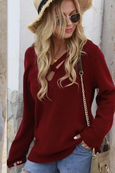 Criss cross V neck ribbed knit sweater