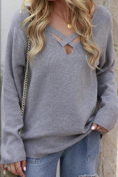 Criss cross V neck ribbed knit sweater