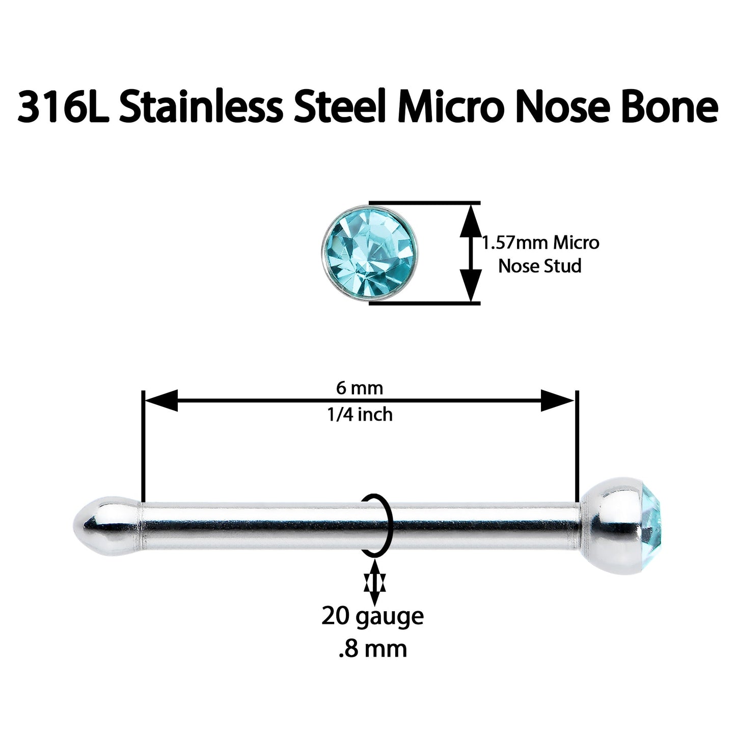 20G Stainless Steel Aqua Gem Micro Nose Bone