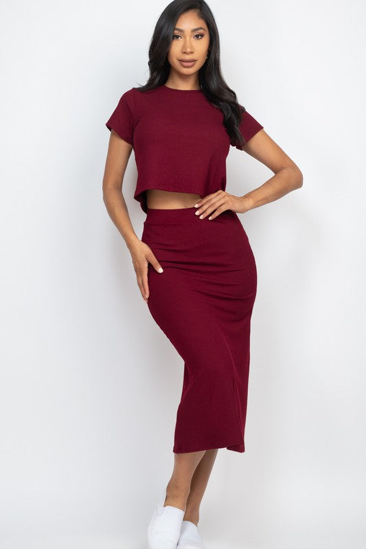 Ribbed Solid Top & Midi Skirt Set