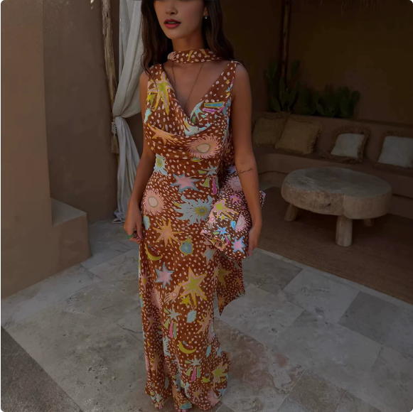 Spring Summer Printed Ribbon Maxi Dress Casual Vacation Party Dress