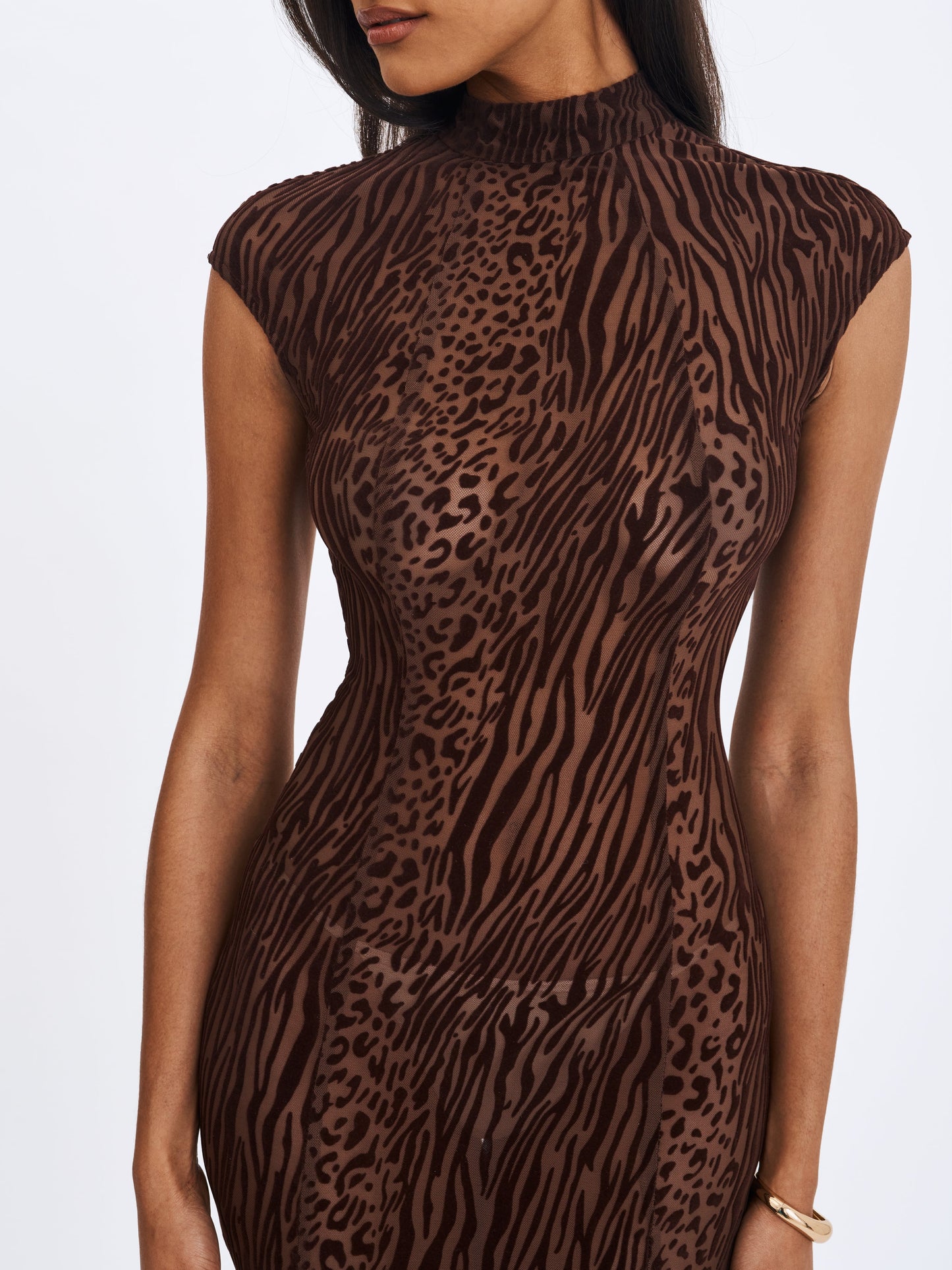 Tyanna Mocha Burnout Velvet Mesh Backless Mermaid Maxi Dress