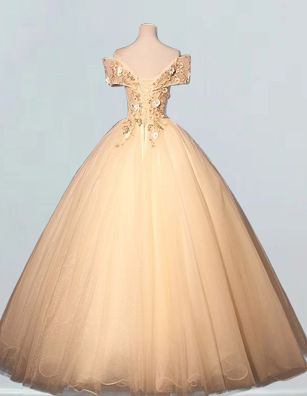Women's Champagne Gold Lace Applique Off-Shoulder Prom Ball Gown | Elegant Evening Dress