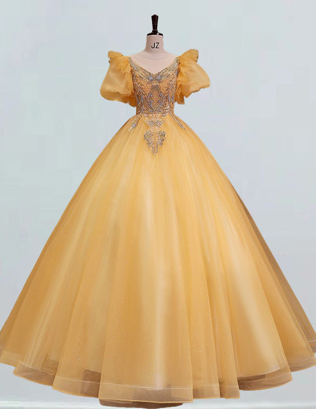 Blue scoop gold lace beaded long short sleeve ball gown prom dress