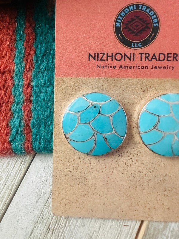 Zuni Turquoise & Sterling Silver Inlay Post Earrin