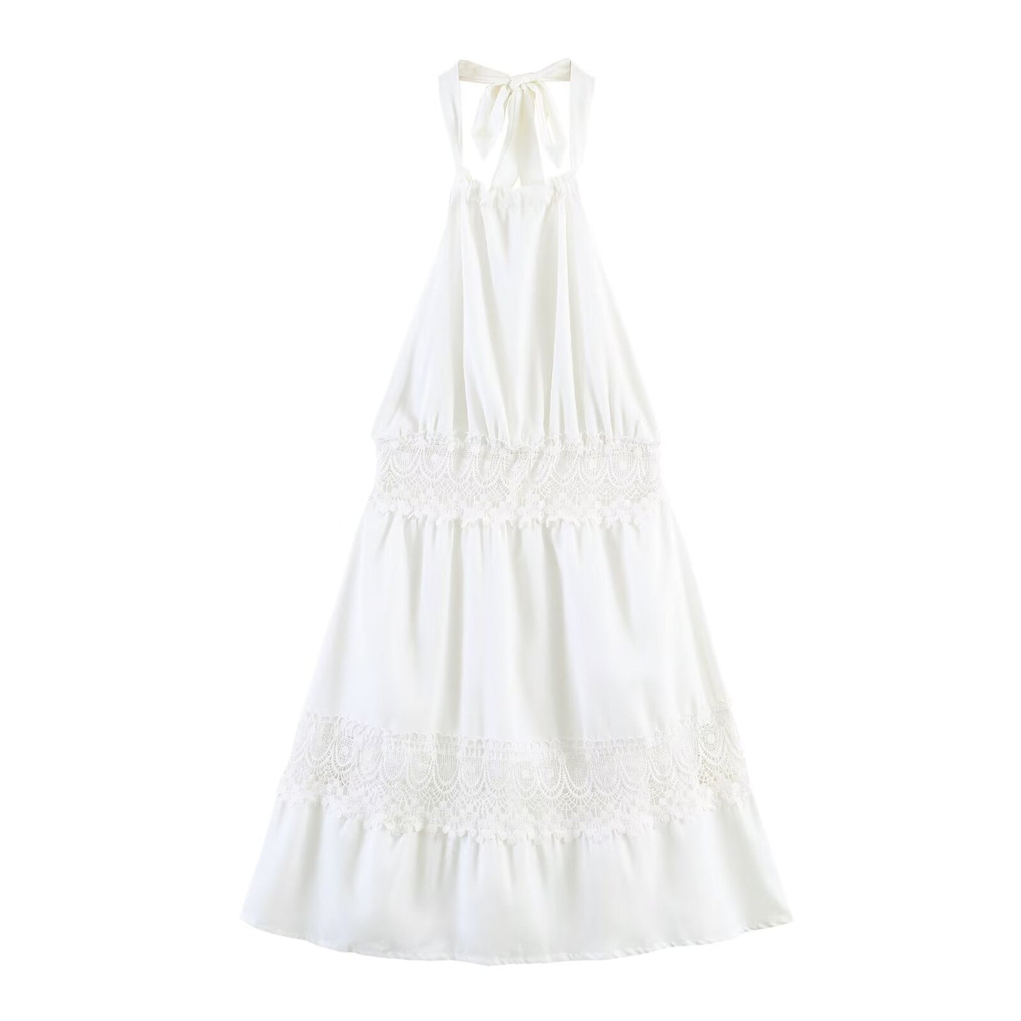 Spring Simple Thin Lace Stitched Backless Maxi Dress