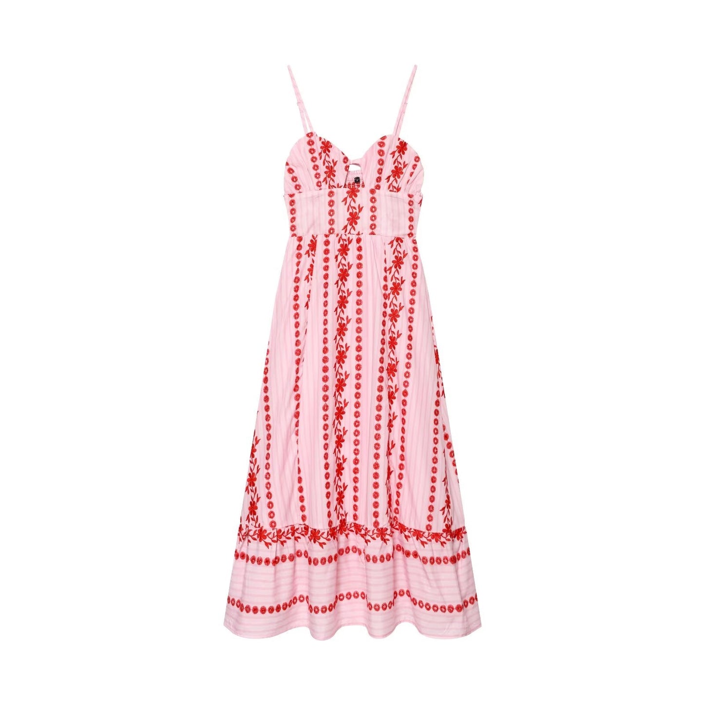 Women Clothing Summer V neck Hollow Out Cutout Embroidered Midi Strap Dress