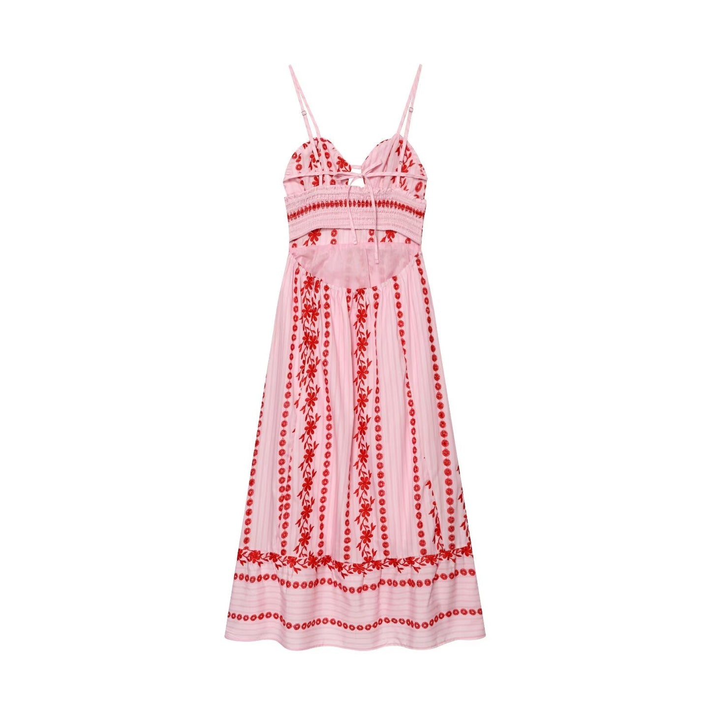 Women Clothing Summer V neck Hollow Out Cutout Embroidered Midi Strap Dress