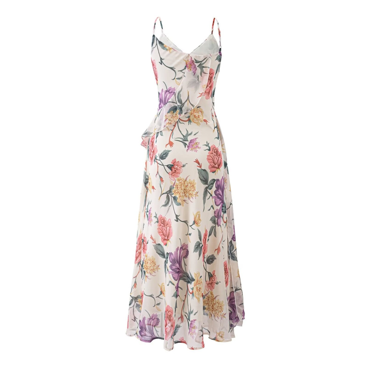 Super Beautiful Gentle Elegance Retro Printed Dress Vacation Ruffled Spaghetti Straps Dress