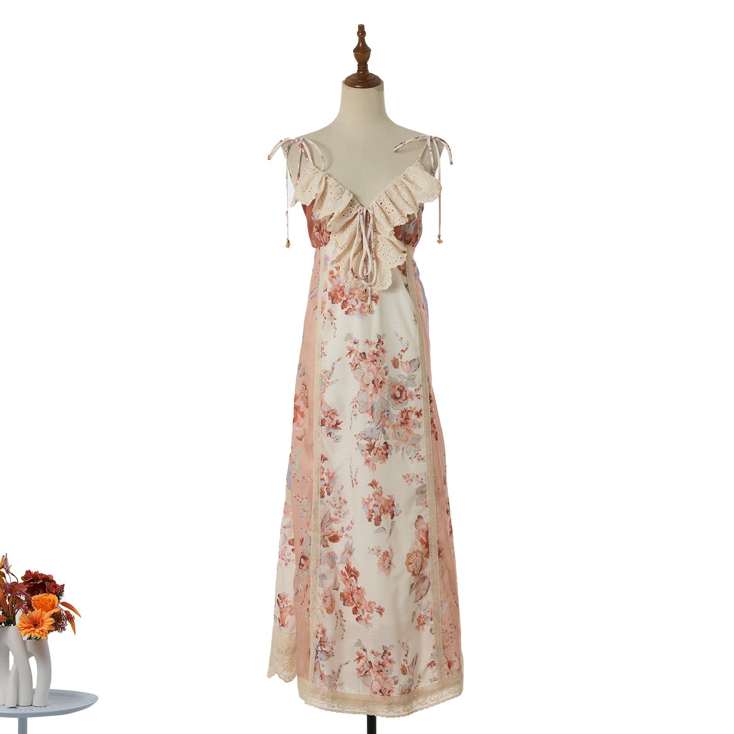 Women Vacation Print Lace Edged Halter Dress