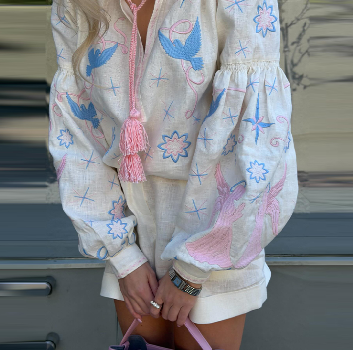Women Clothing at Lantern Sleeve Tassel Embroidered Top