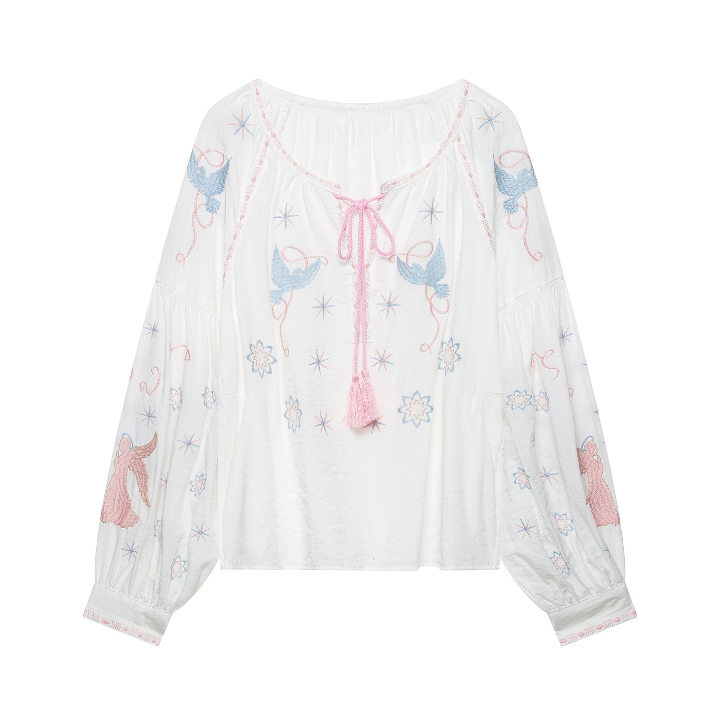 Women Clothing at Lantern Sleeve Tassel Embroidered Top